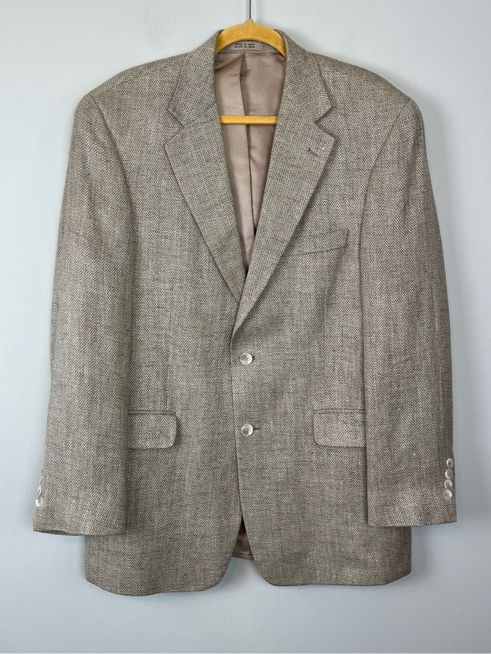 Stafford Men’s Blazer Jacket 40R 100% Silk Tweed Herringbone Beige Vintage